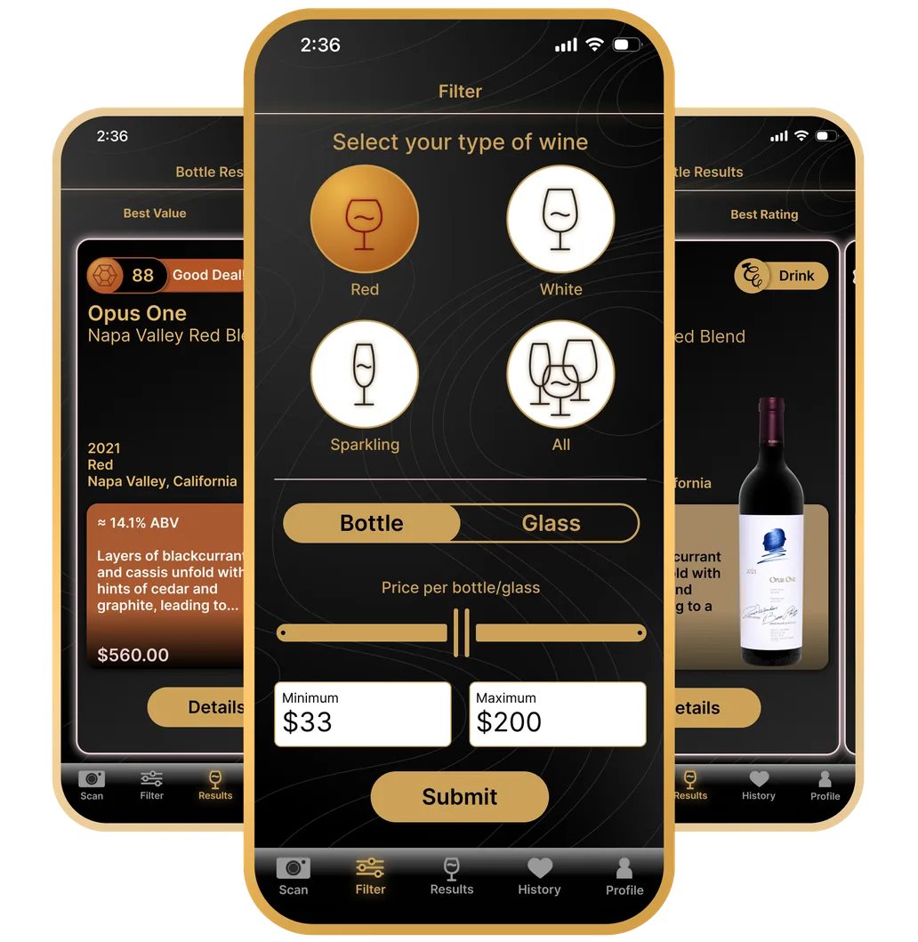 The Filter screen: pick red, white, sparkling or all wines, bottle or glass, and a price range