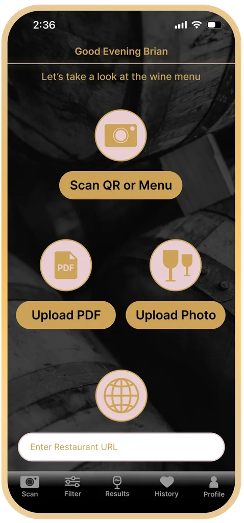 The Scan screen: scan a QR code or menu, upload a PDF or a photo, or enter the restaurant's web address