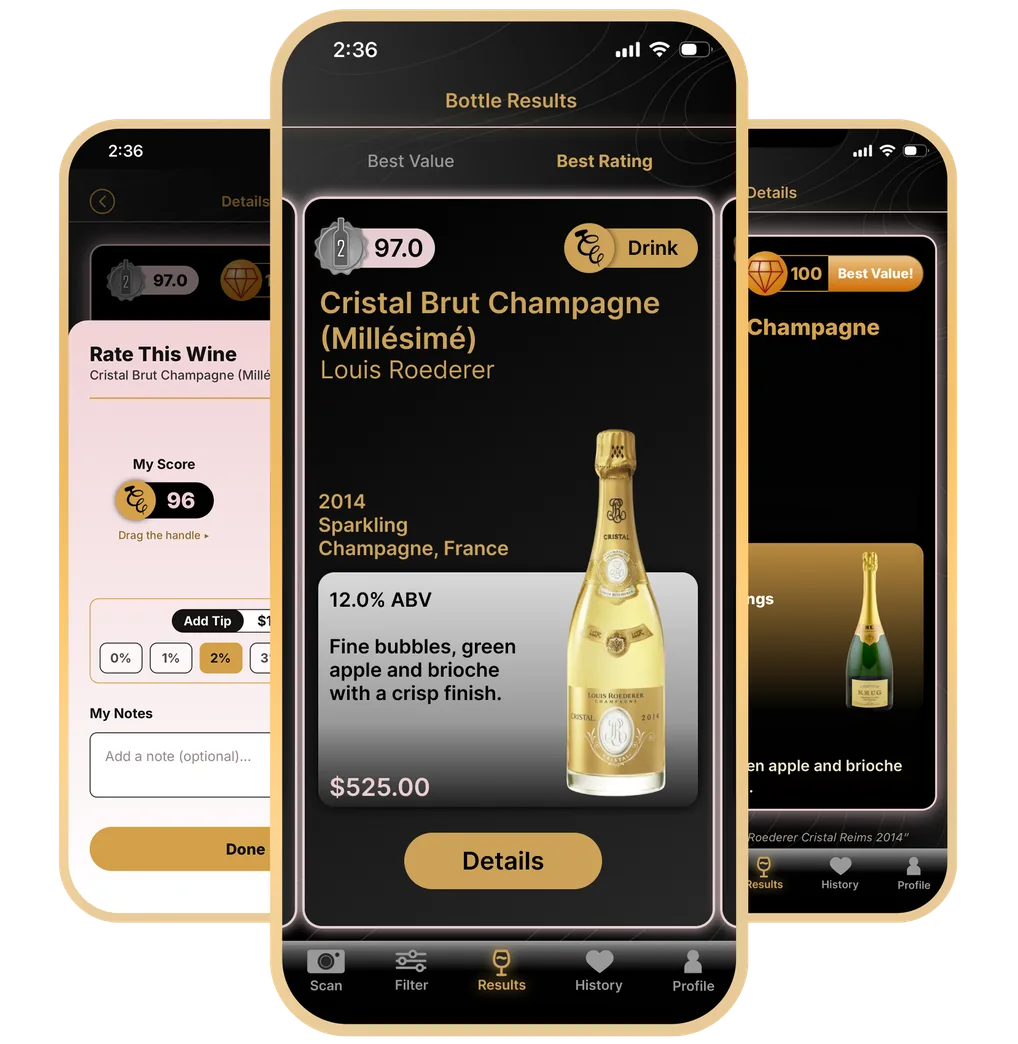 Best Rating results on iPhone: Cristal Brut Champagne, with the Rate This Wine and details screens